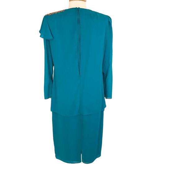 Ursula Mother of Bride Chiffon Midi Shift Dress Jewel Neck Long Sleeves Size 12 - Picture 2 of 8